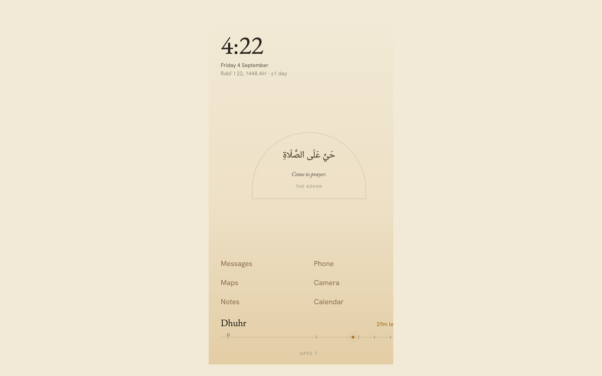 The Sakeenah launcher home screen, showing the time, the adhan arch and the prayer timeline.