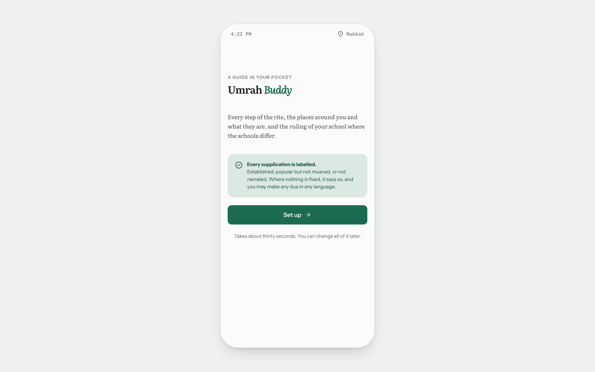 Umrah Buddy setup screen, introducing the guide and its labelling of supplications.